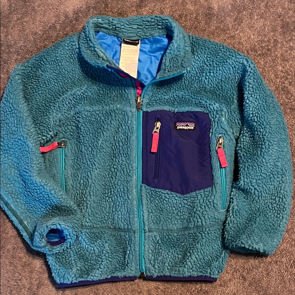Patagonia Turquoise Fleece with Navy and Pink Details